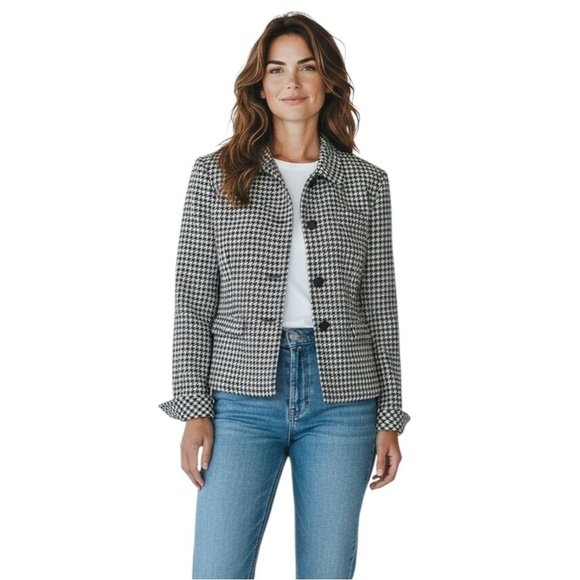 Carlisle Jackets & Blazers - VTG Carlisle Wool Houndstooth Check Tailored Blazer Sz 6 Black Cream 4 Button